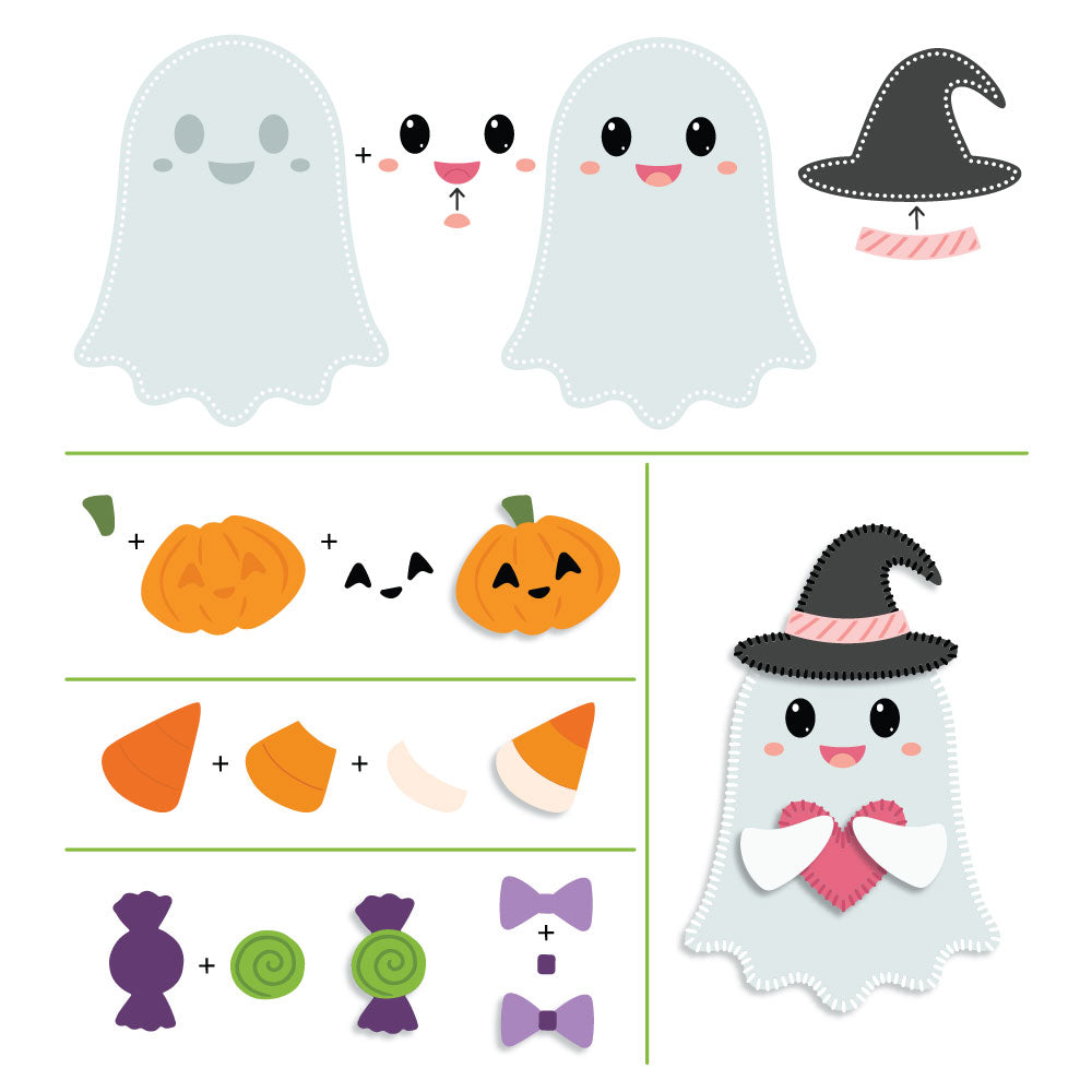 A flat lay of Halloween craft cutout pieces on a white background, including ghost faces, a witch hat, a pumpkin, candy pieces, and bowties, arranged as assembly instructions.