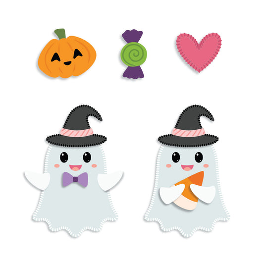 A set of cute Halloween-themed paper cutouts on a white background, including a jack-o'-lantern, a wrapped candy, a pink heart, and two smiling ghost figures wearing black witch hats with pink stripes. One ghost wears a purple bow tie, and the other holds an orange pumpkin pie.