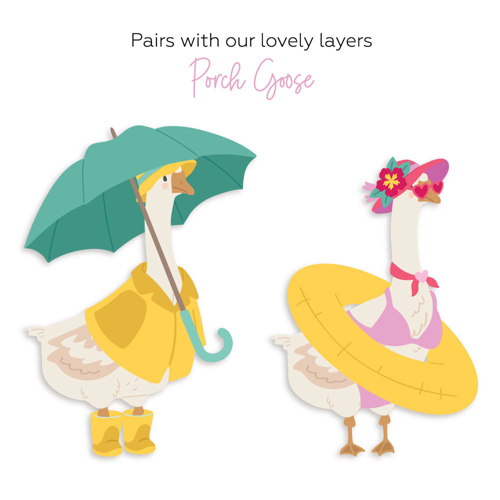 Porch Goose Closet: Spring dies, two Porch Geese dressed in rain gear with umbrella and in a swimsuit with pool float