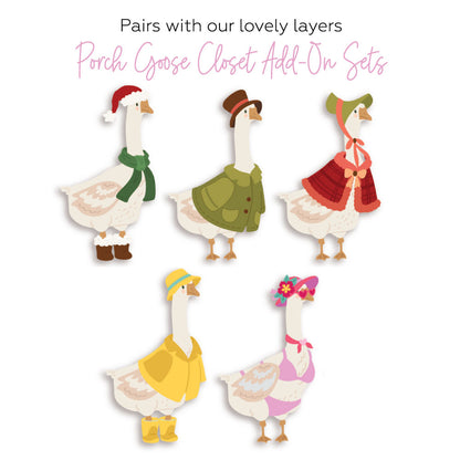 Porch Goose Closet: Winter dies, five Porch Geese dressed in the seasonal Porch Goose Closet add-on outfits