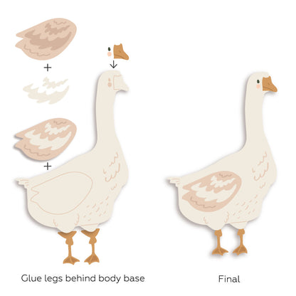 Lovely Layers: Porch Goose dies, assembly diagram showing the wing, beak and leg layers and the finished goose