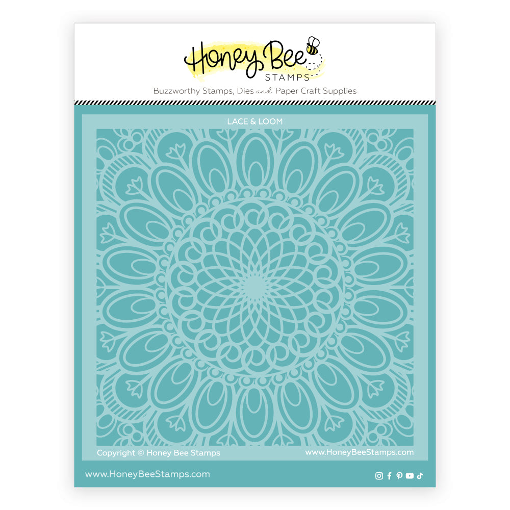 Honey Bee Stamps lace and loom stencil with teal pattern on a white background