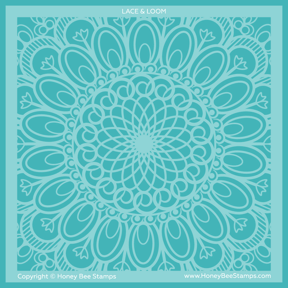 Teal lace pattern on a teal background with 'Lace & Loom' branding.