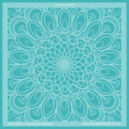 Teal lace pattern on a teal background with 'Lace & Loom' branding.