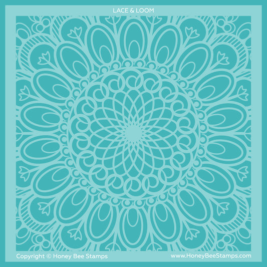 Teal lace pattern on a teal background with 'Lace & Loom' branding.