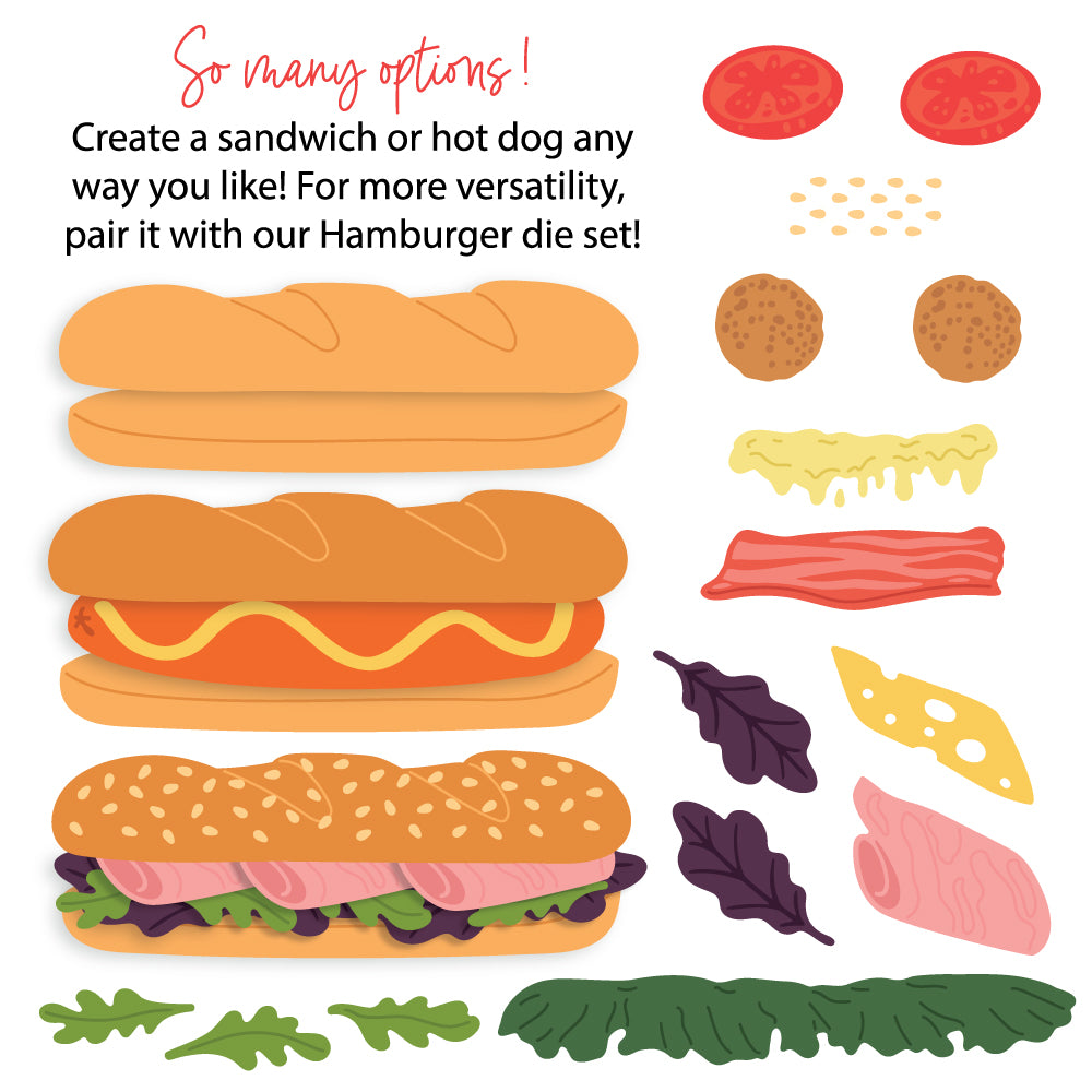 Illustration of sandwich and hot dog components with text on a white background