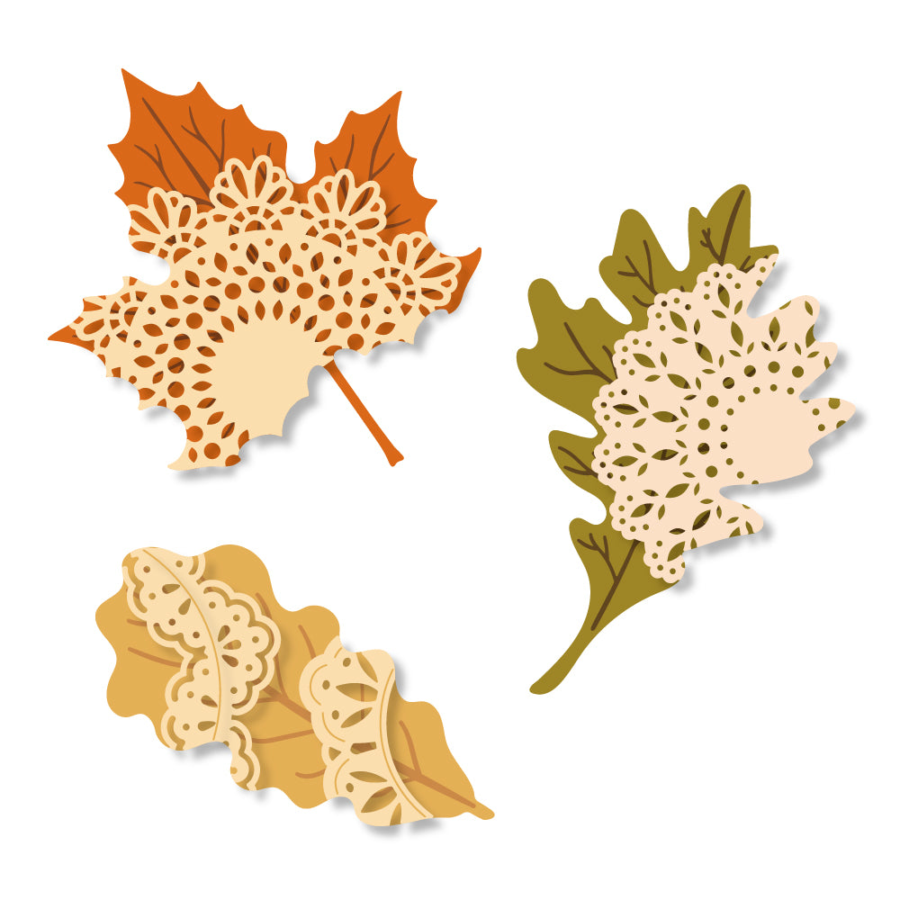 Decorative leaves in orange, green, and beige on a white background