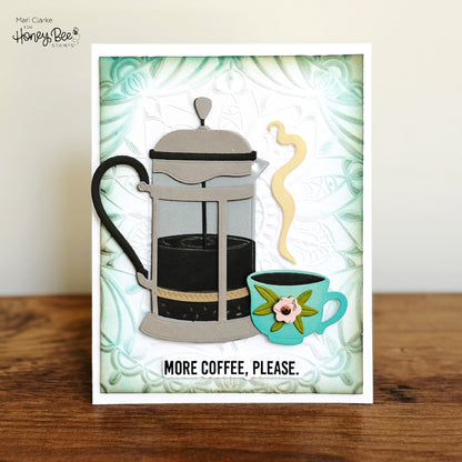 Card with a French press and coffee cup illustration and 'More Coffee, Please' text on a decorative background.