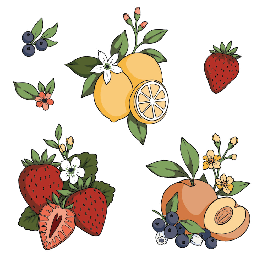 Illustrations of fruits and berries with leaves on a white background