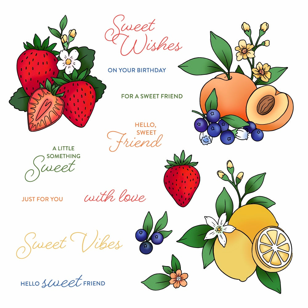 Fruit-themed stamp artwork with strawberries, peaches, lemons, and blueberries on a white background.