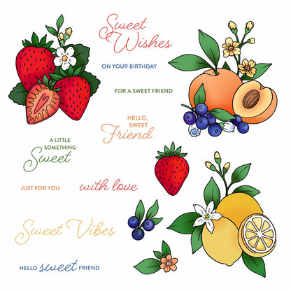 Fruit-themed stamp artwork with strawberries, peaches, lemons, and blueberries on a white background.