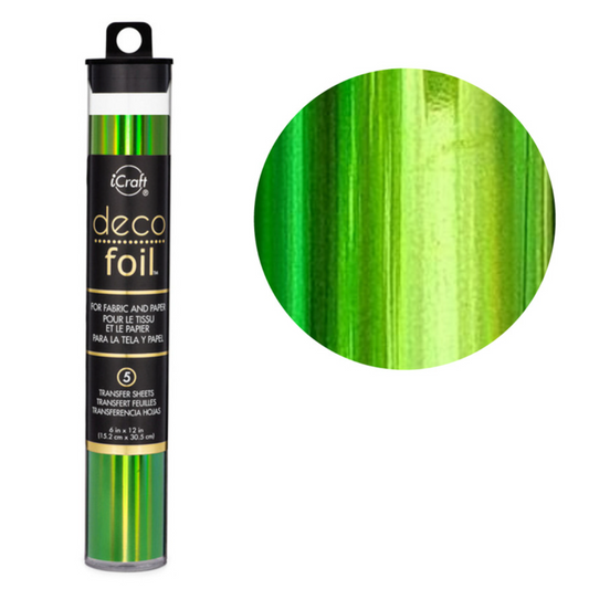 Green decoupage foil with packaging and color swatch on a white background