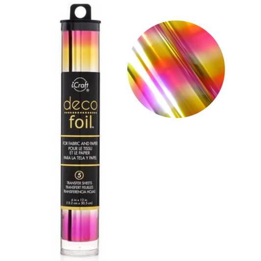 Deco Foil Transfer Sheets packaging with a rainbow color swatch on a white background