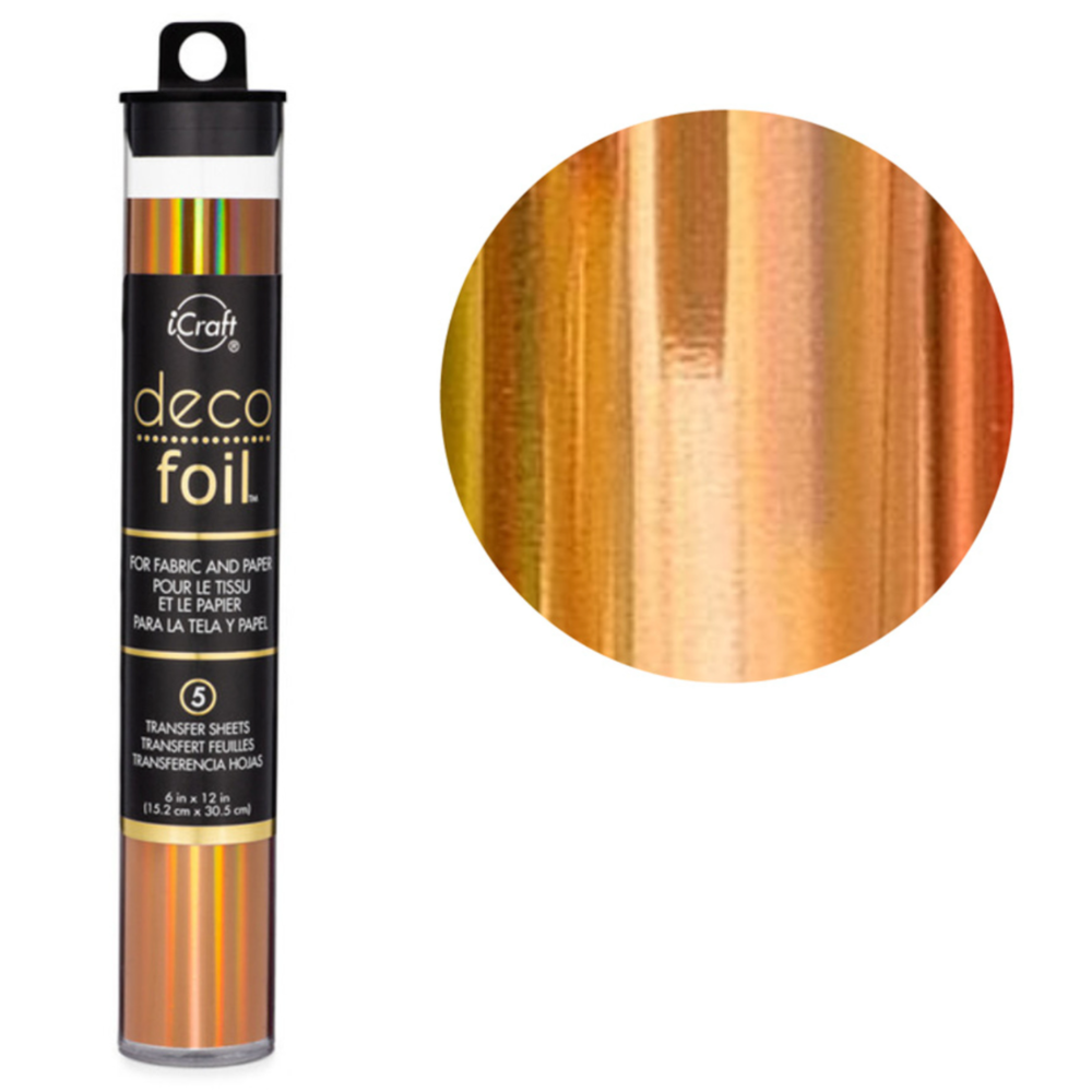 Deco Foil packaging with a close-up of gold foil texture on a white background