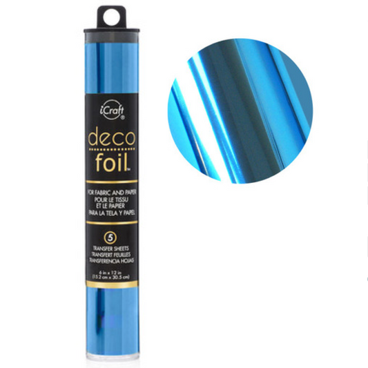 Tube of iCraft deco foil with blue foil sample on a white background