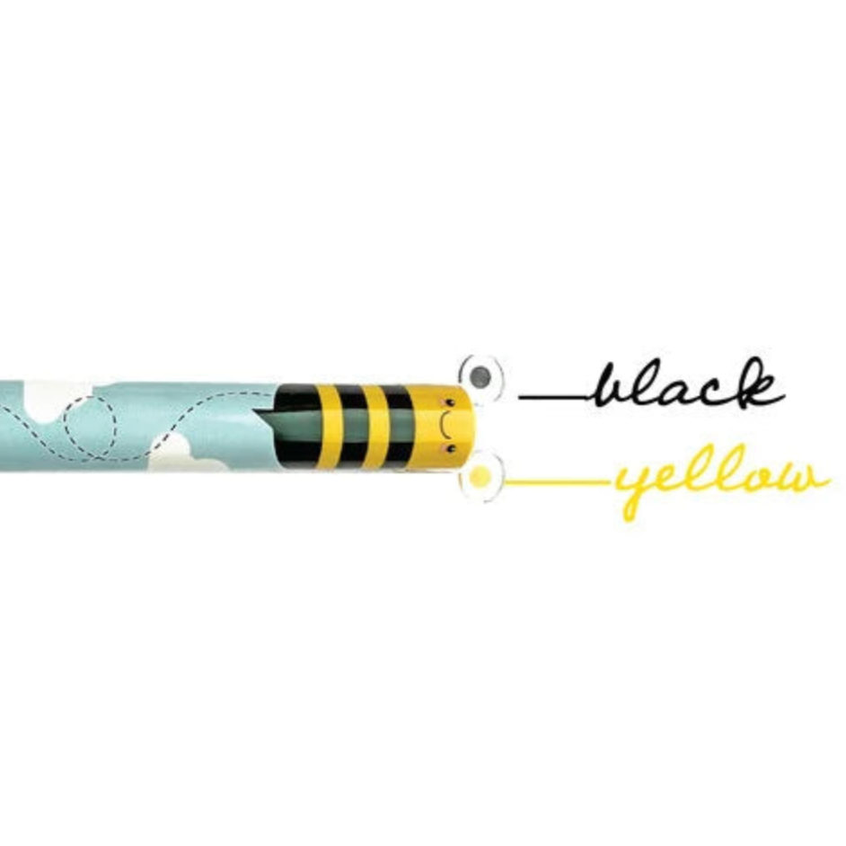 Pencil with colorful design and black and yellow accents on a white background