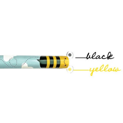 Pencil with colorful design and black and yellow accents on a white background