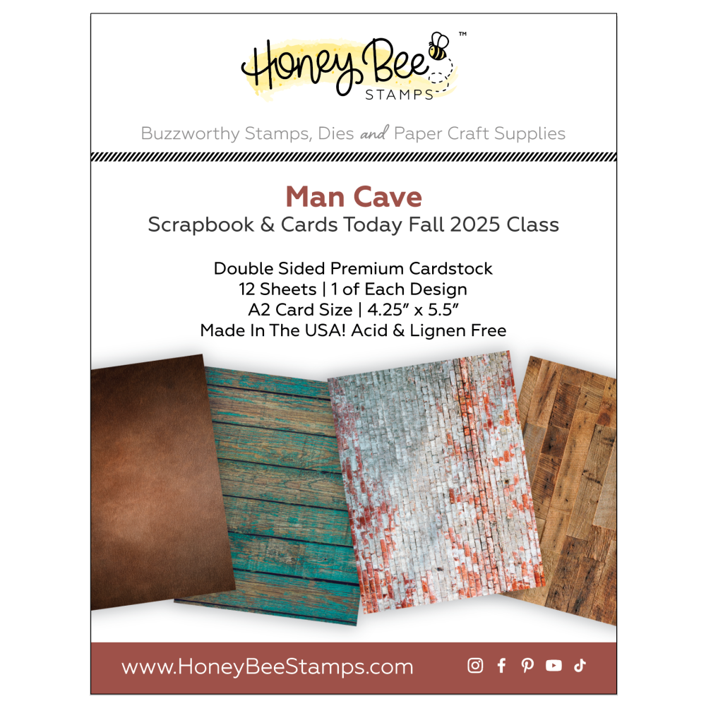 Honey Bee Stamps product page for Man Cave scrapbook and card set with cardstock samples.