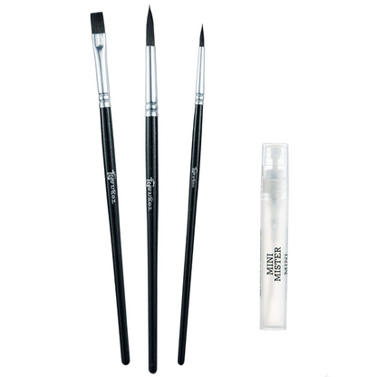 Two paintbrushes and a mini mister on a white background with an ocean view.