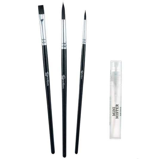 Two paintbrushes and a mini mister on a white background with an ocean view.