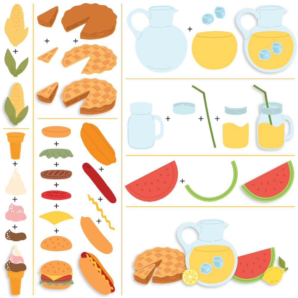 Illustrations of food items and drinks on a white background