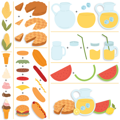 Illustrations of food items and drinks on a white background