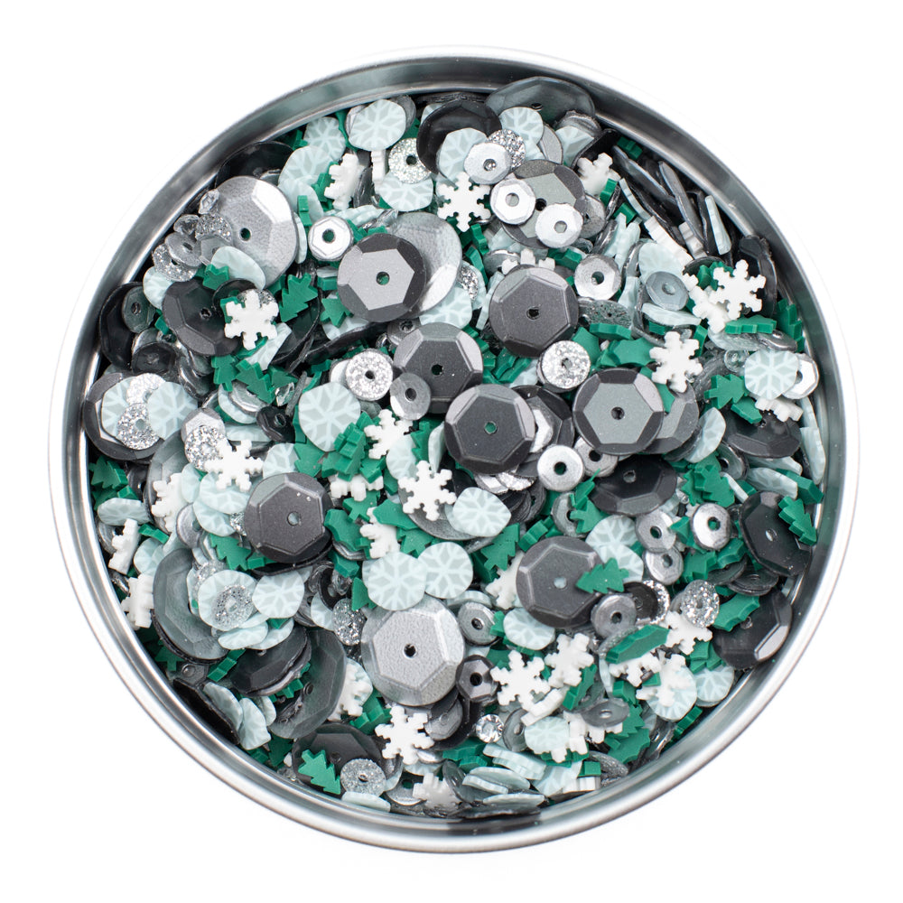 Evergreen Wishes - Silver, Aqua, Green Sequin Mix with Clay Trees
