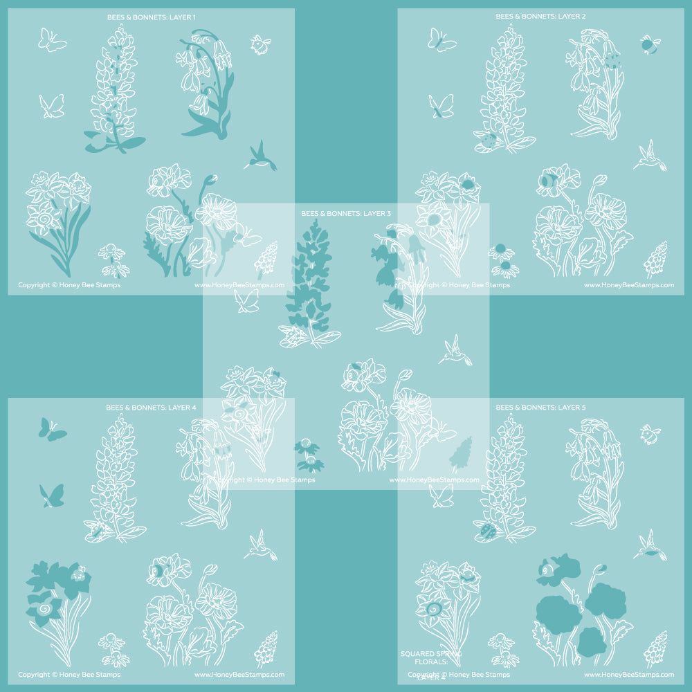 Bees & Bonnets - Set of 5 - 6"x6" Coordinating Stencils - Honey Bee Stamps