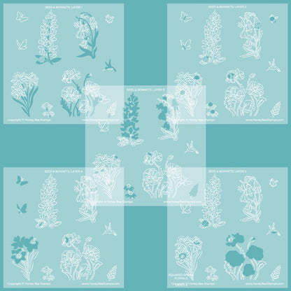 Bees & Bonnets - Set of 5 - 6"x6" Coordinating Stencils - Honey Bee Stamps