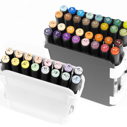 Set of colorful markers in a white holder on a white background