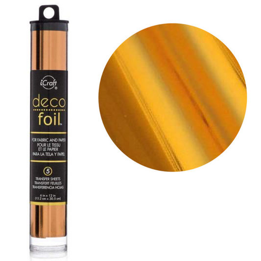 Gold decoupage foil with packaging and color swatch on a white background