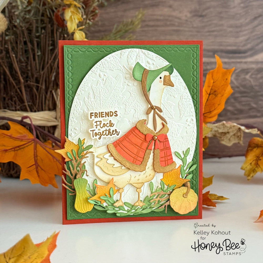 Porch Goose Closet: Winter dies, card sample of a goose in a bonnet and plaid capelet, Friends Flock Together sentiment