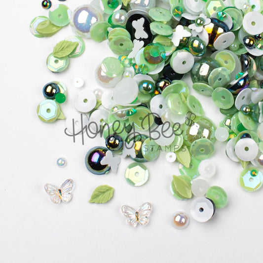 Garden Path - Treasure Blend - Sequins, Pearls, Leaf Charms, Tiny Crystal Butterfly Charms - Honey Bee Stamps