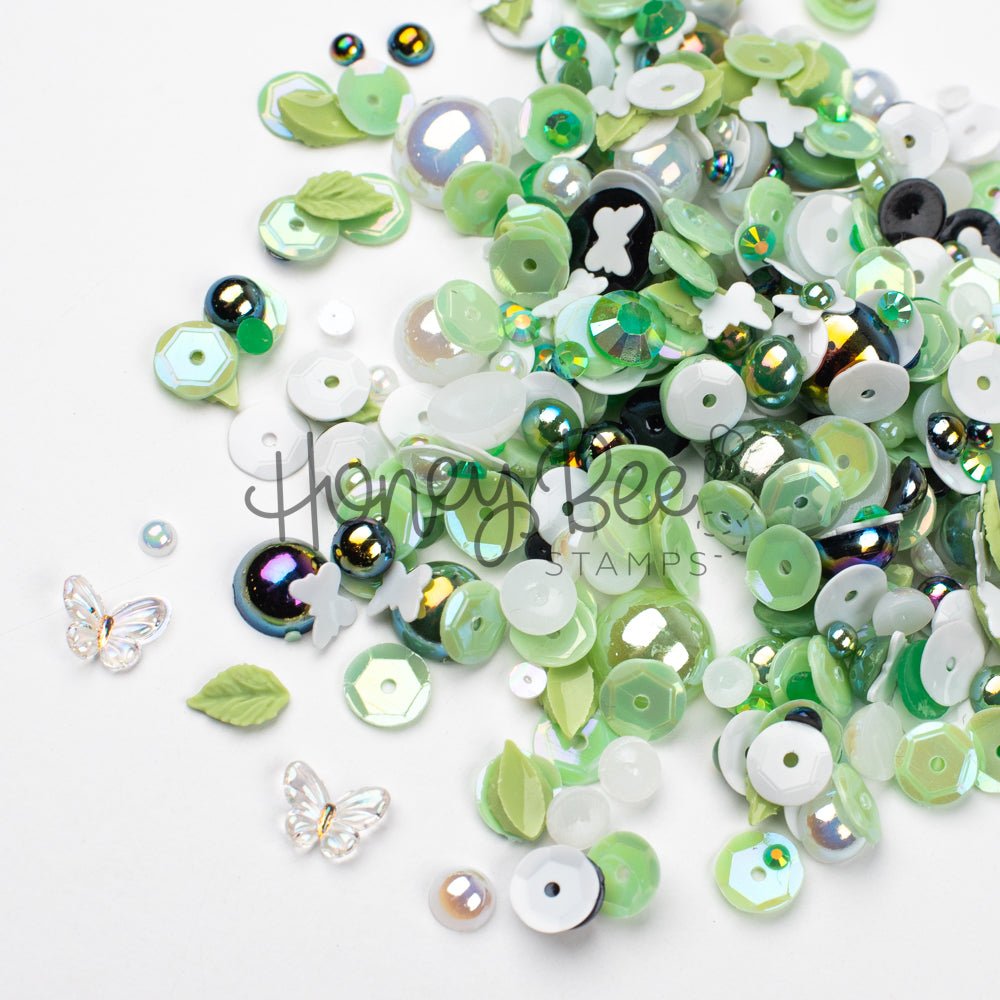 Garden Path - Treasure Blend - Sequins, Pearls, Leaf Charms, Tiny Crystal Butterfly Charms - Honey Bee Stamps