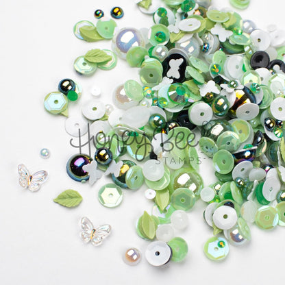 Garden Path - Treasure Blend - Sequins, Pearls, Leaf Charms, Tiny Crystal Butterfly Charms - Honey Bee Stamps