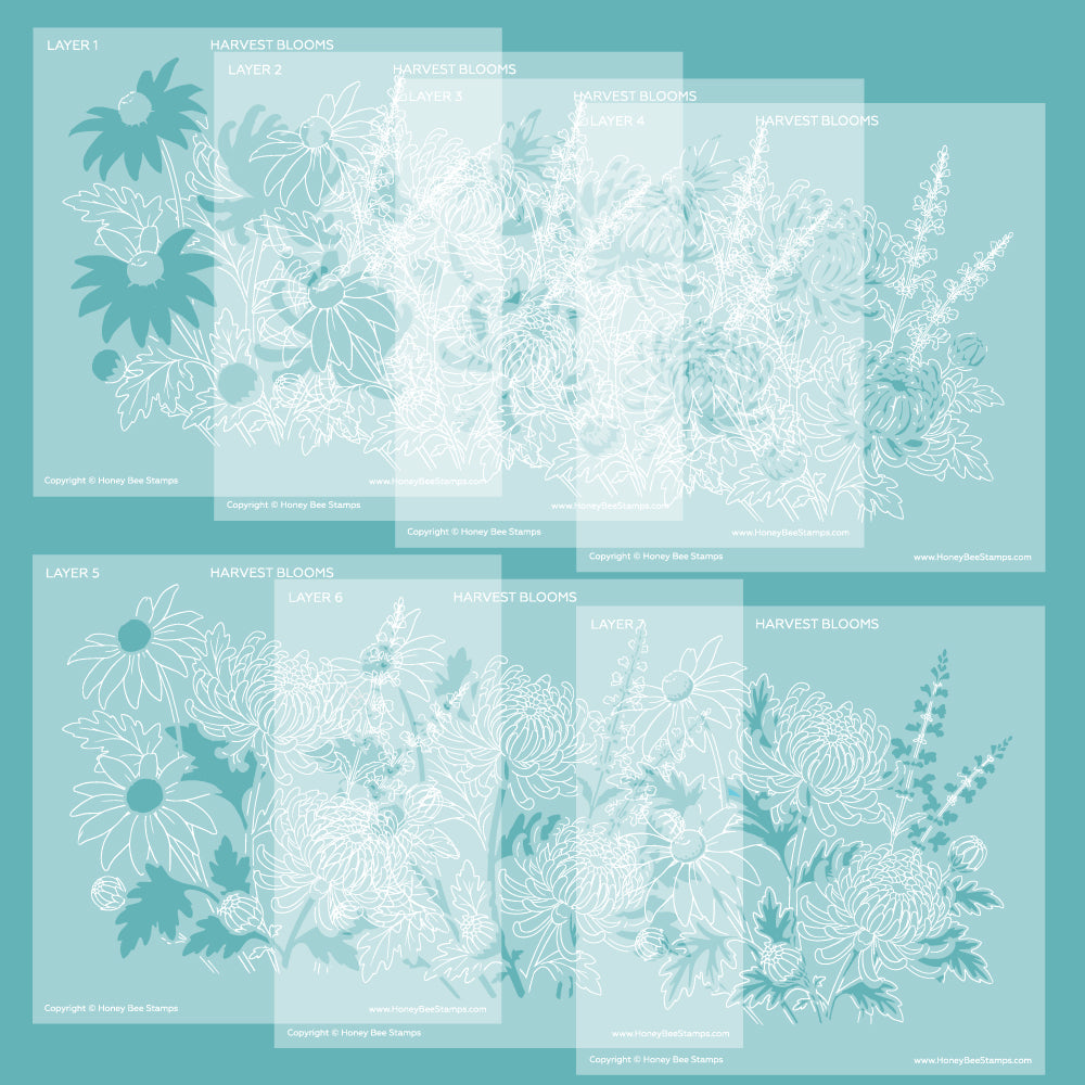 A digital preview sheet showing layered floral line-art designs labeled Layer 1 through Layer 6 and Harvest Blooms, arranged in a 2x2 grid on a teal background.