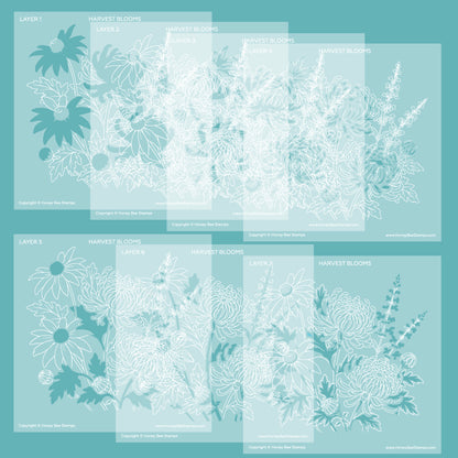 A digital preview sheet showing layered floral line-art designs labeled Layer 1 through Layer 6 and Harvest Blooms, arranged in a 2x2 grid on a teal background.