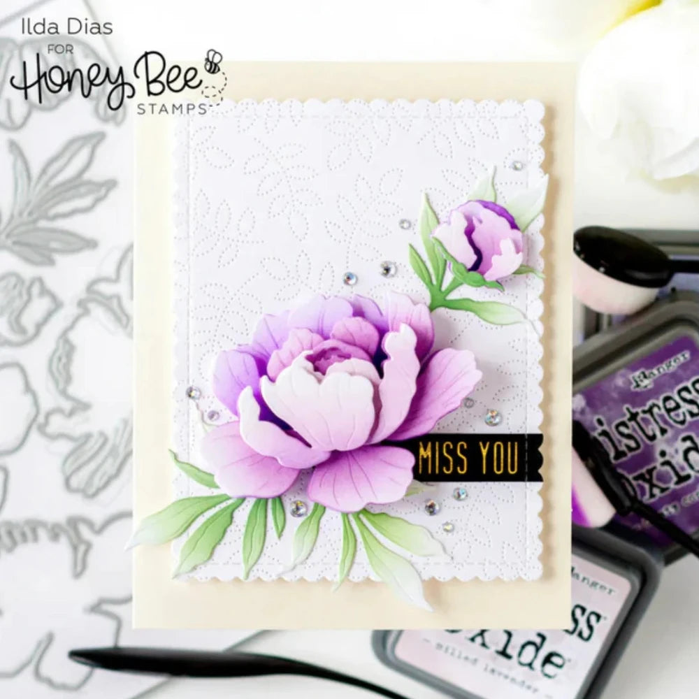 Floral card with purple flowers and 'Miss You' text, featuring Honey Bee Stamps branding.