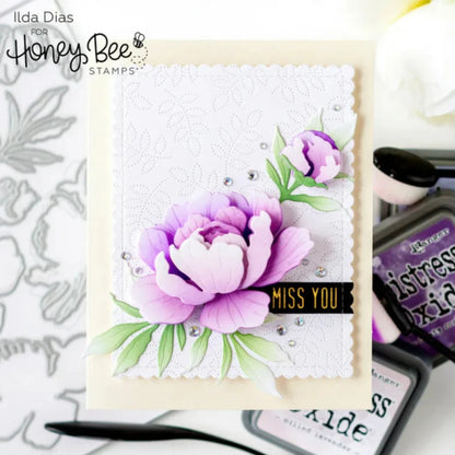 Floral card with purple flowers and 'Miss You' text, featuring Honey Bee Stamps branding.