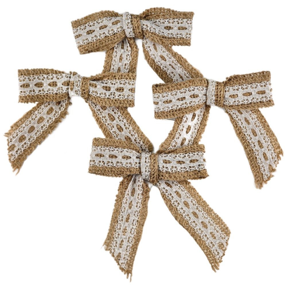 Jute With Lace Pre - tied Bows 3 1/2" - 4 pack - Honey Bee Stamps