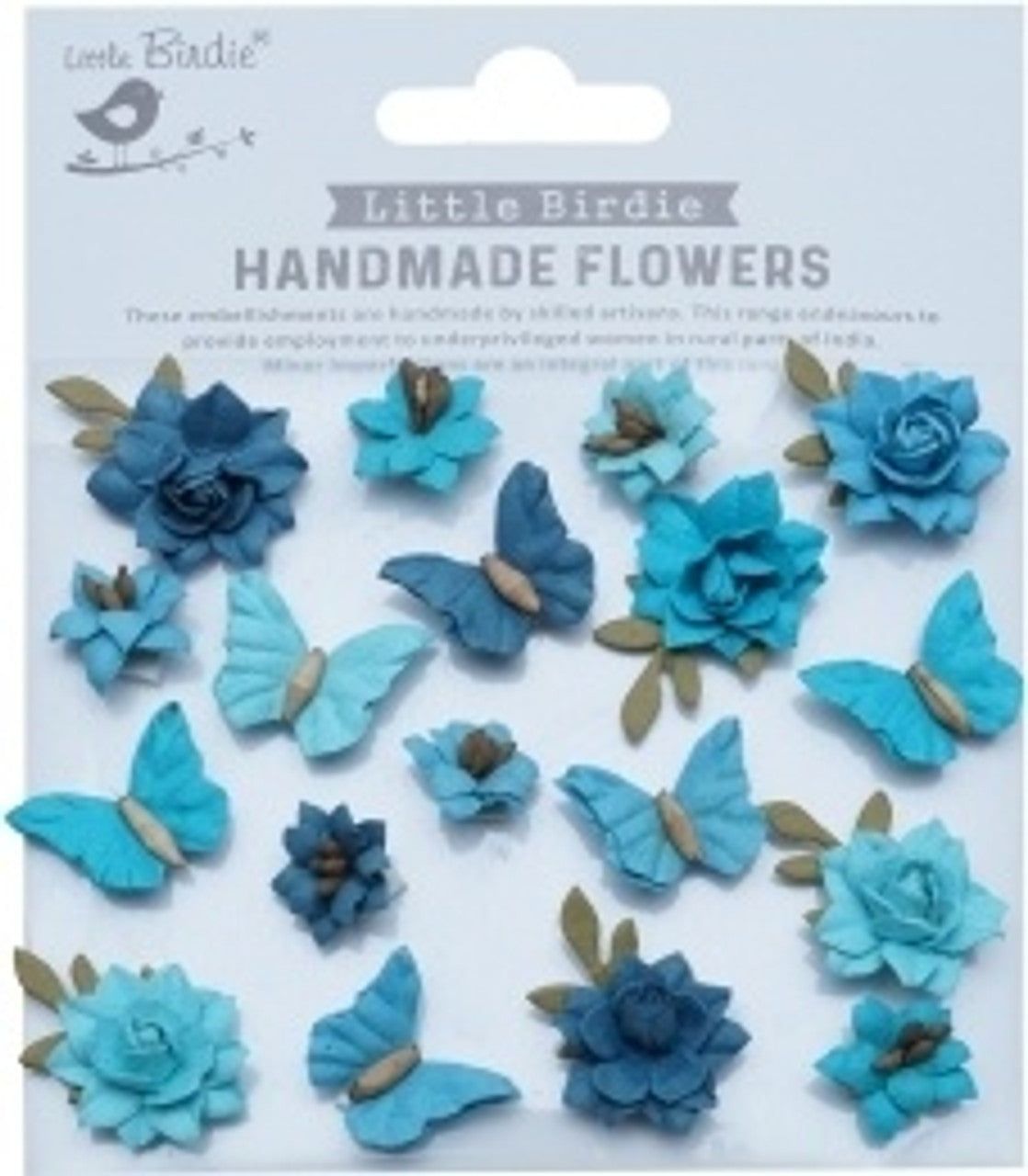 Little Birdie Cloria Paper Flowers and Butterflies - Aqua Splash 18/Pkg - Honey Bee Stamps