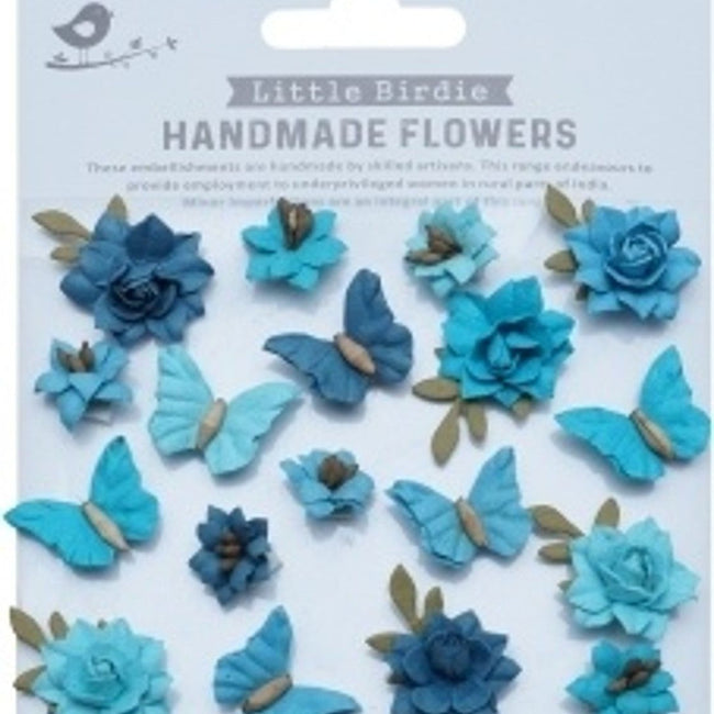 Little Birdie Cloria Paper Flowers and Butterflies - Aqua Splash 18/Pkg - Honey Bee Stamps