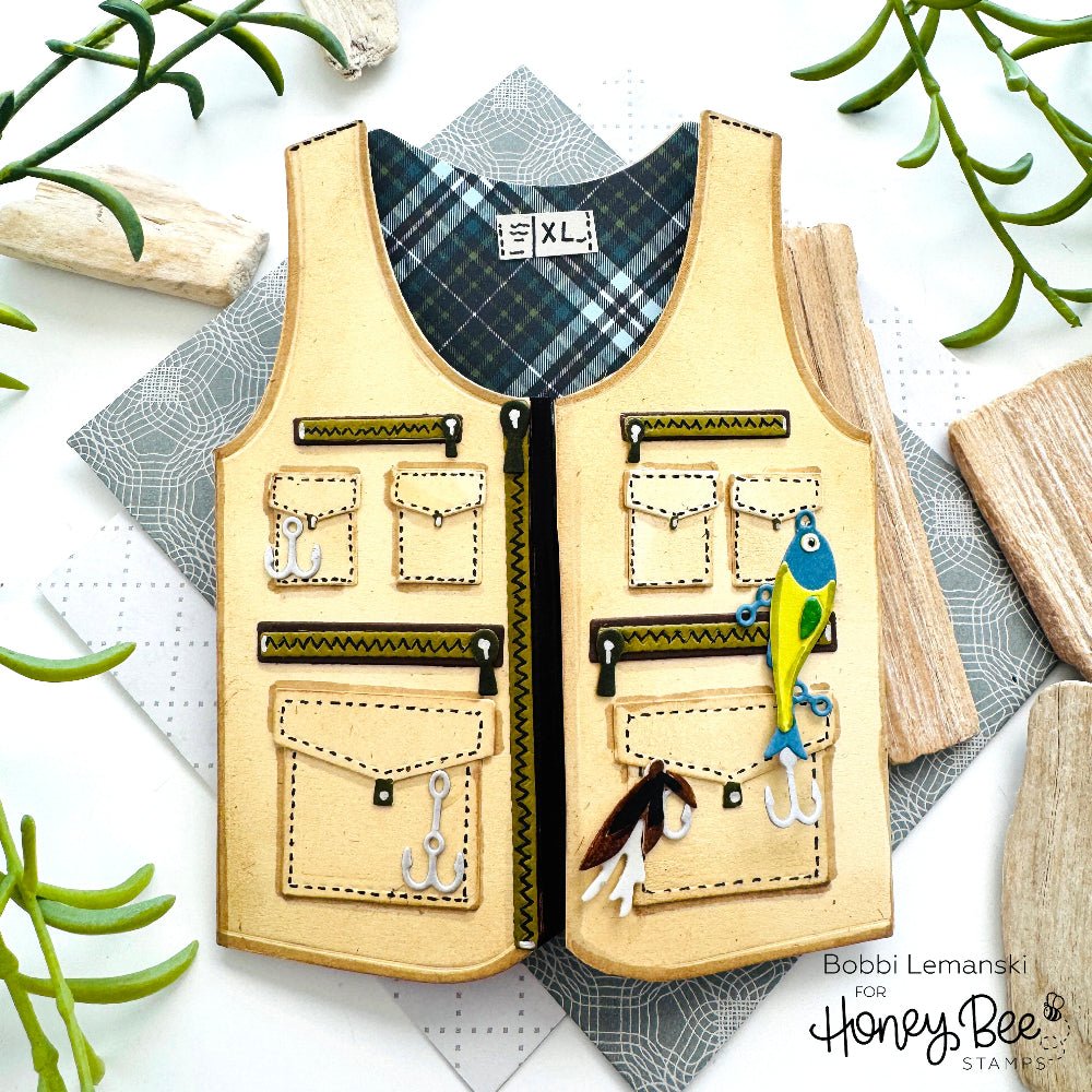 Lovely Layer: Fishing Vest A2 Card Base - Honey Cuts Stand - Alone Dies - Honey Bee Stamps