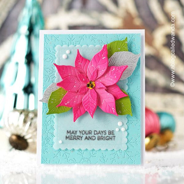 Greeting card with pink flower design and text 'May your days be merry and bright' on a blurred background.