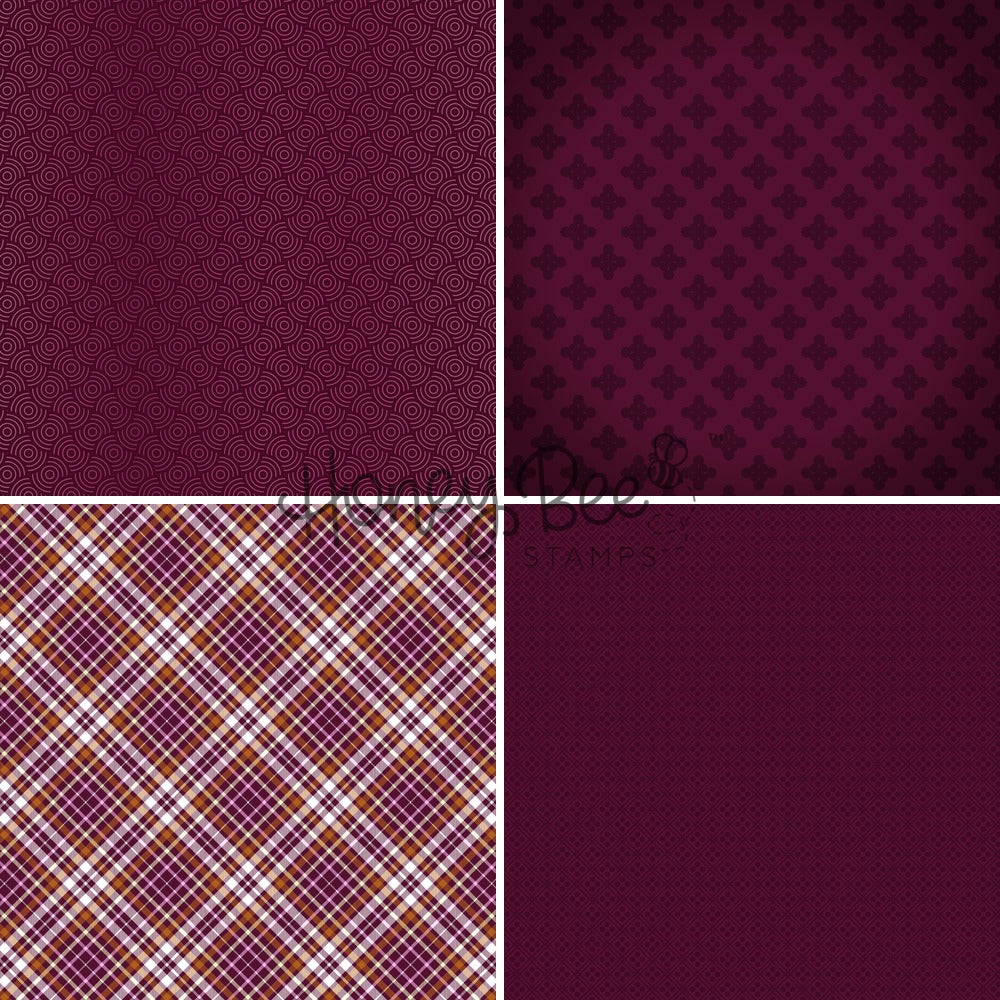 Four square swatches showing burgundy and plum patterned designs: a fine repeating wave motif, a repeating fleur-de-lis pattern, a brown, white, and burgundy plaid, and a solid deep burgundy pattern.