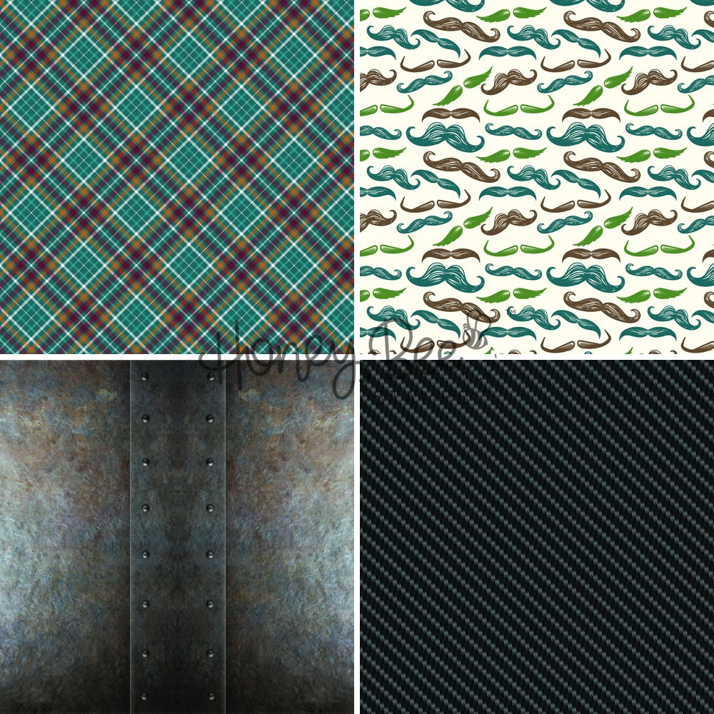 A four-panel preview of digital paper or fabric texture designs: teal and red plaid, white with brown and green mustaches, distressed dark metal, and a black carbon-fiber style pattern.