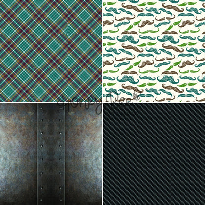 A four-panel preview of digital paper or fabric texture designs: teal and red plaid, white with brown and green mustaches, distressed dark metal, and a black carbon-fiber style pattern.