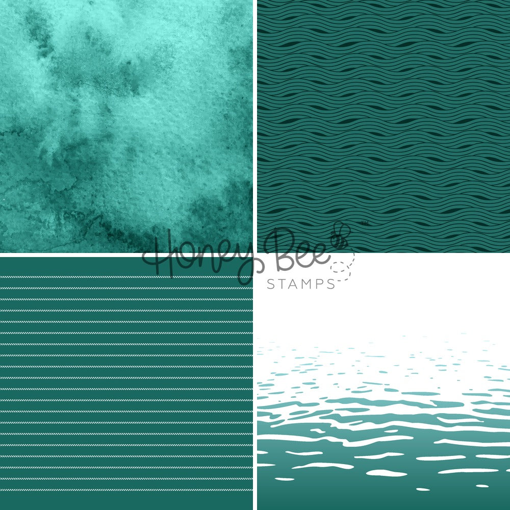 A four-panel teal and white stamp design sheet with watercolor texture, repeating wave pattern, horizontal stripe pattern, and rippling water motif. A central watermark reads Honey Bee Stamps.