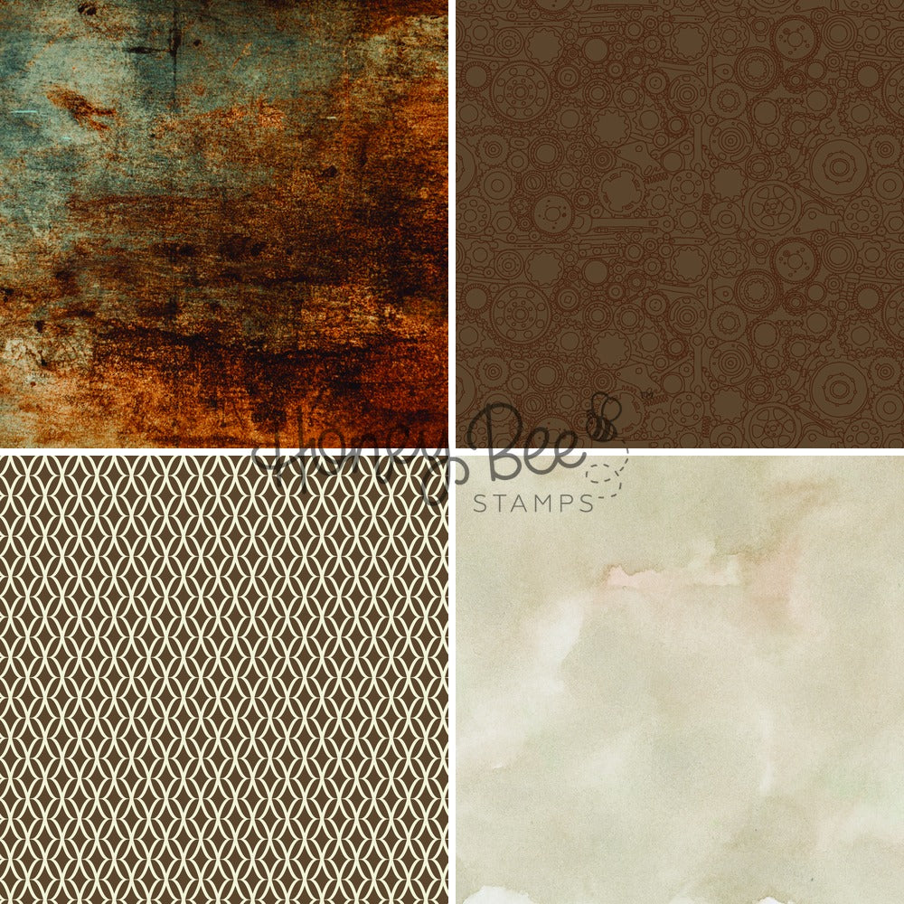 A 2x2 collage of four textured paper or fabric swatch designs: distressed rust and teal on top left, dark brown with circular motifs on top right, beige geometric lattice on bottom left, and soft cream watercolor on bottom right. A central watermark reads 'Homemade Bee STAMPS'.