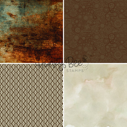 A 2x2 collage of four textured paper or fabric swatch designs: distressed rust and teal on top left, dark brown with circular motifs on top right, beige geometric lattice on bottom left, and soft cream watercolor on bottom right. A central watermark reads 'Homemade Bee STAMPS'.